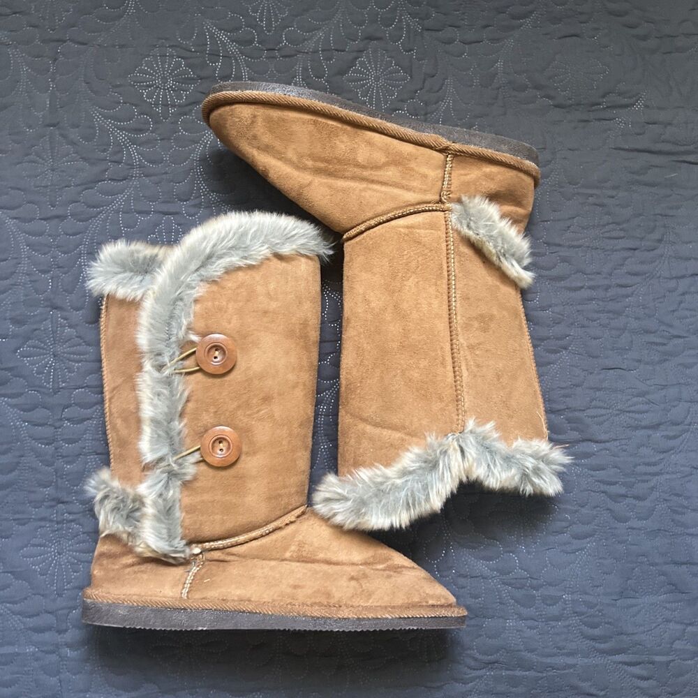 Winter Boots Faux Suede Button 12" Mid Calf Faux Fur Snow Shoes Camel US 10 Chic